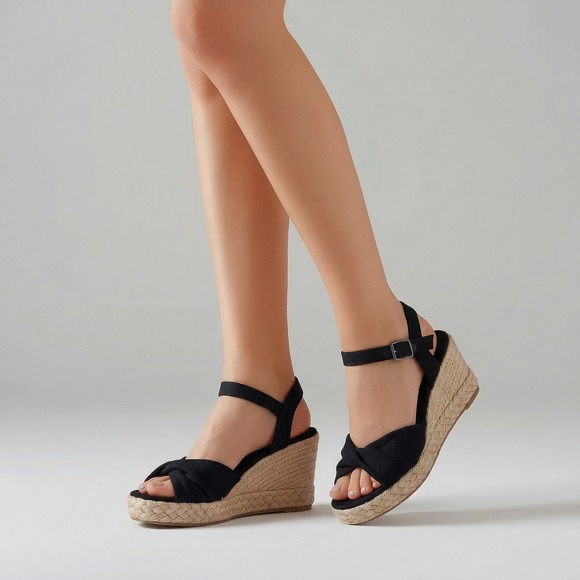 Toms Shoes - TOMS Diana Black Canvas Espadrille Wedge Sandals Women 9.5 Platform 10017931